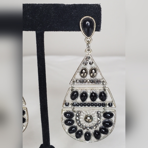 Teardrop Silver and Black Dangle Earrings - Picture 3 of 10